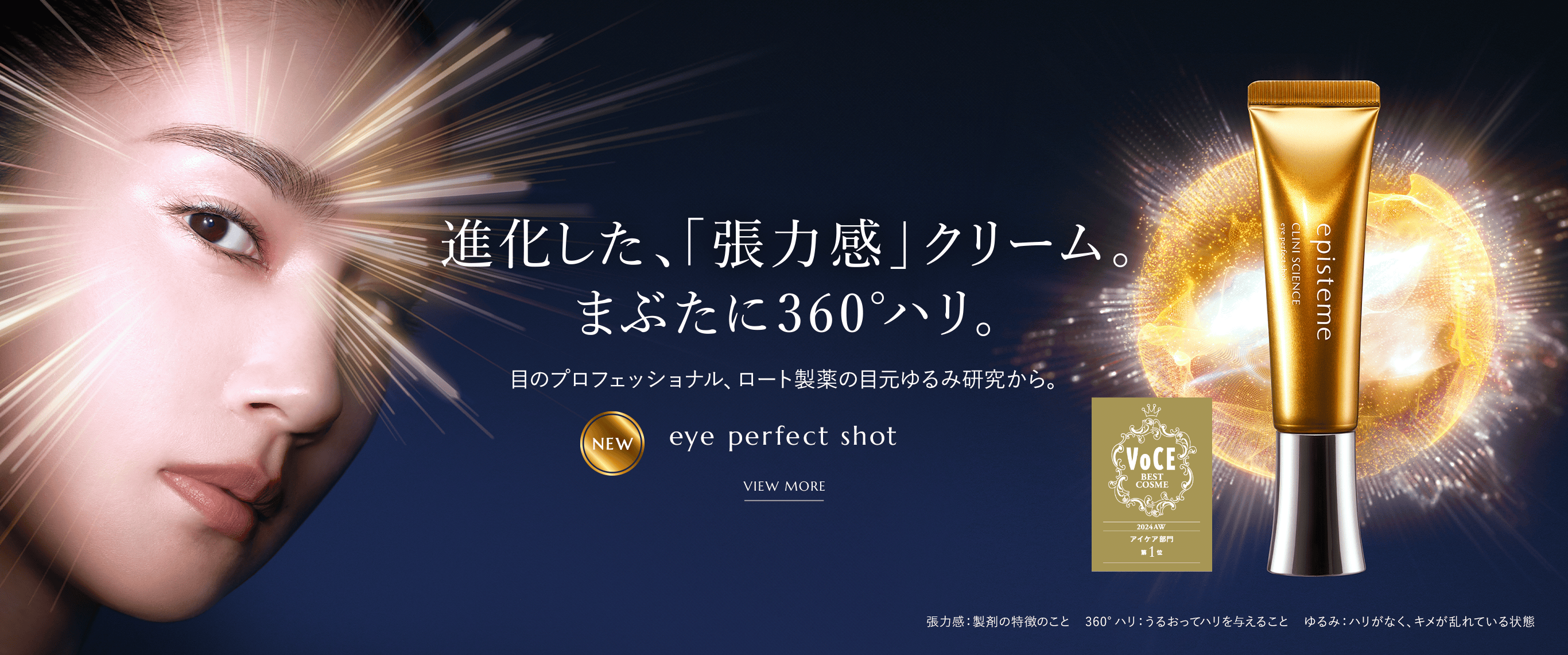 進化した、「張力感」クリーム。まぶたに360°ハリ。目のプロフェッショナル、ロート製薬の目元ゆるみ研究から。new eye perfect shot